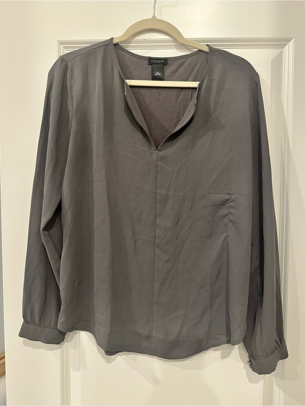 Ann Taylor Slate Gray Long-Sleeve V-Neck Blouse